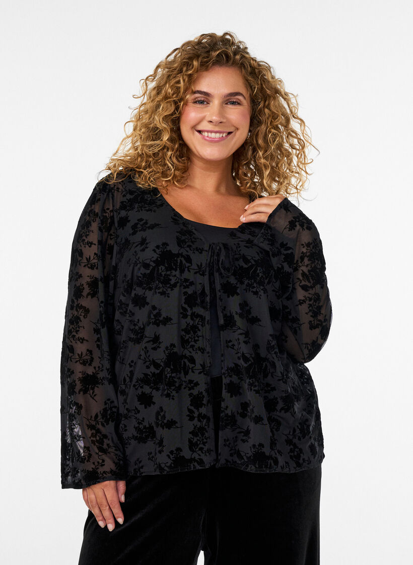 Verkkopusero kukkakuviolla ja avoimella etuosalla, Musta, Model image number 0