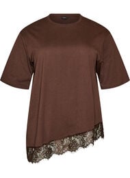 T-shirt with asymmetric lace hem, Brown