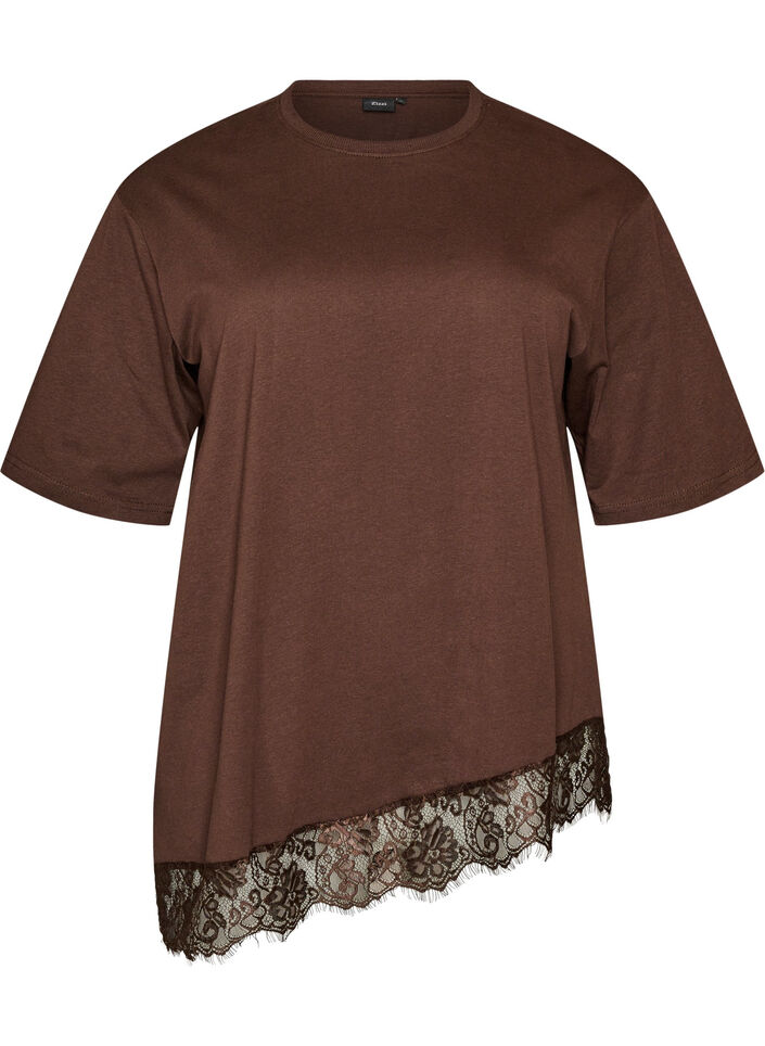 T-shirt with asymmetric lace hem, Brown, Packshot image number 0