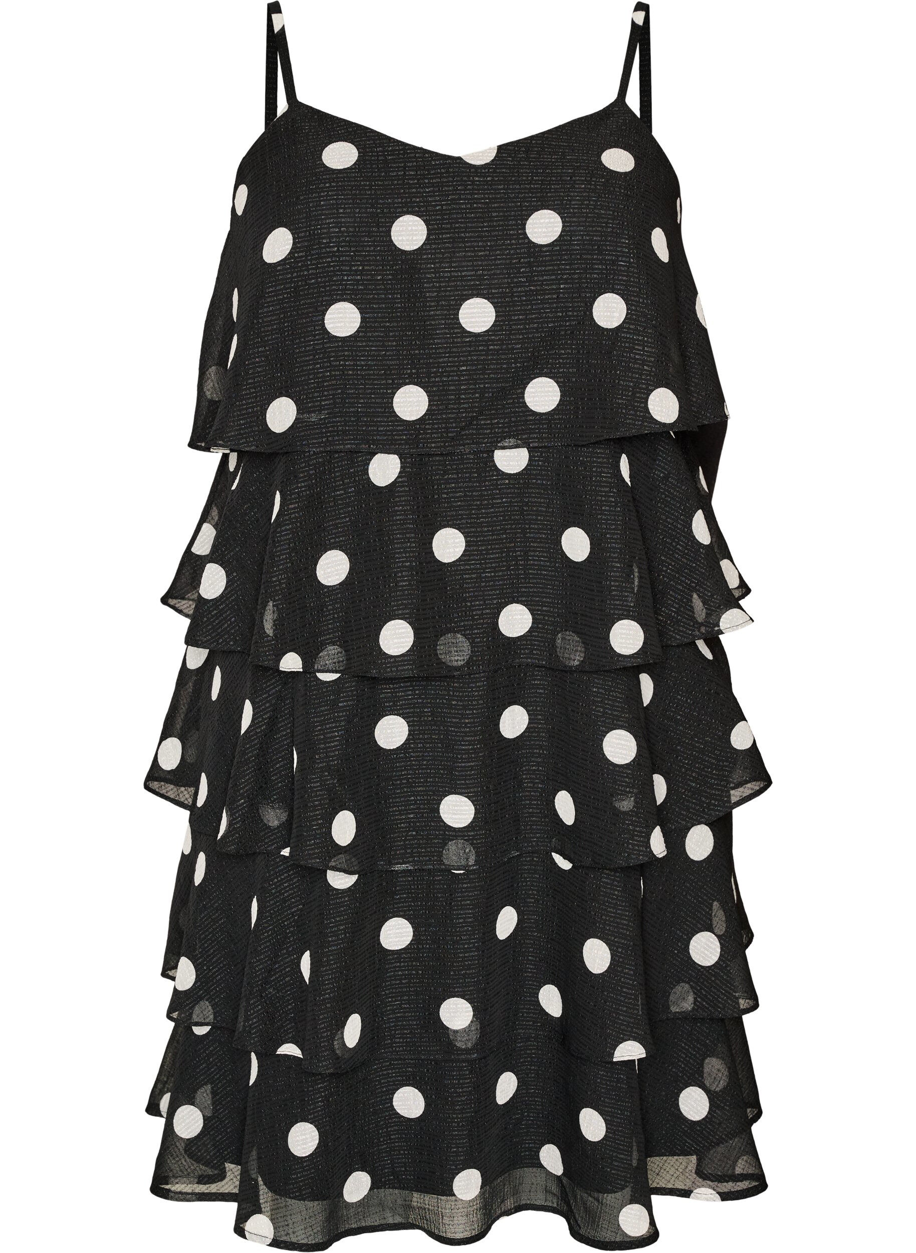 Kerrostettu mekko r&ouml;yhel&ouml;ill&auml; ja ohuilla olkaimilla