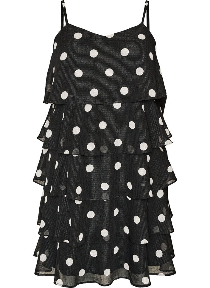 Kerrostettu mekko r&ouml;yhel&ouml;ill&auml; ja ohuilla olkaimilla, Musta, Packshot image number 0