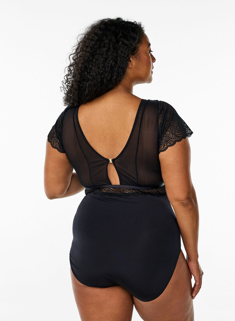 Pitsillä ja lyhyillä hihoilla varustettu bodystocking, Musta, Model image number 1