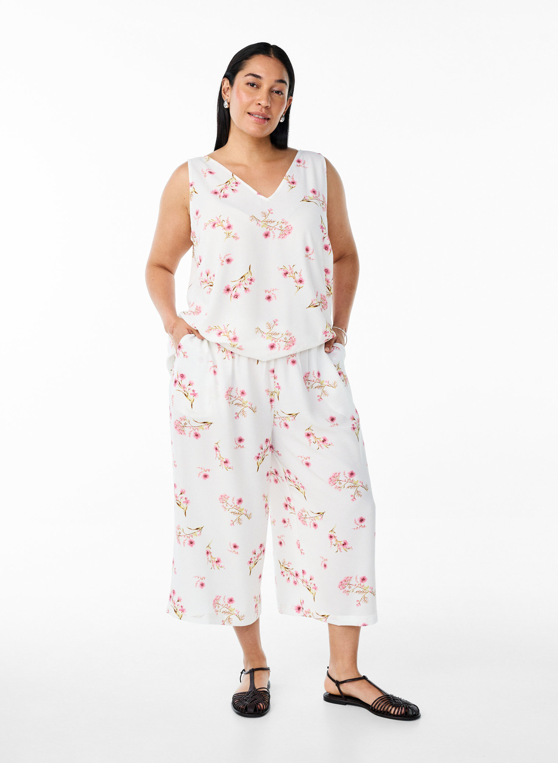 Culottes-housut kuosilla, Valkoinen, Model