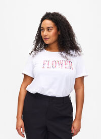 Puuvillainen T-paita tekstipainatuksella, B. White w. Flower, Model