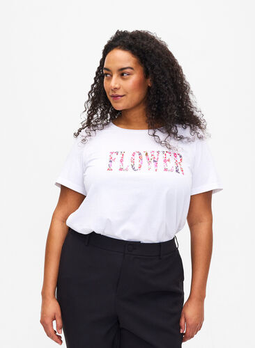 Puuvillainen T-paita tekstipainatuksella, B. White w. Flower, Model image number 0