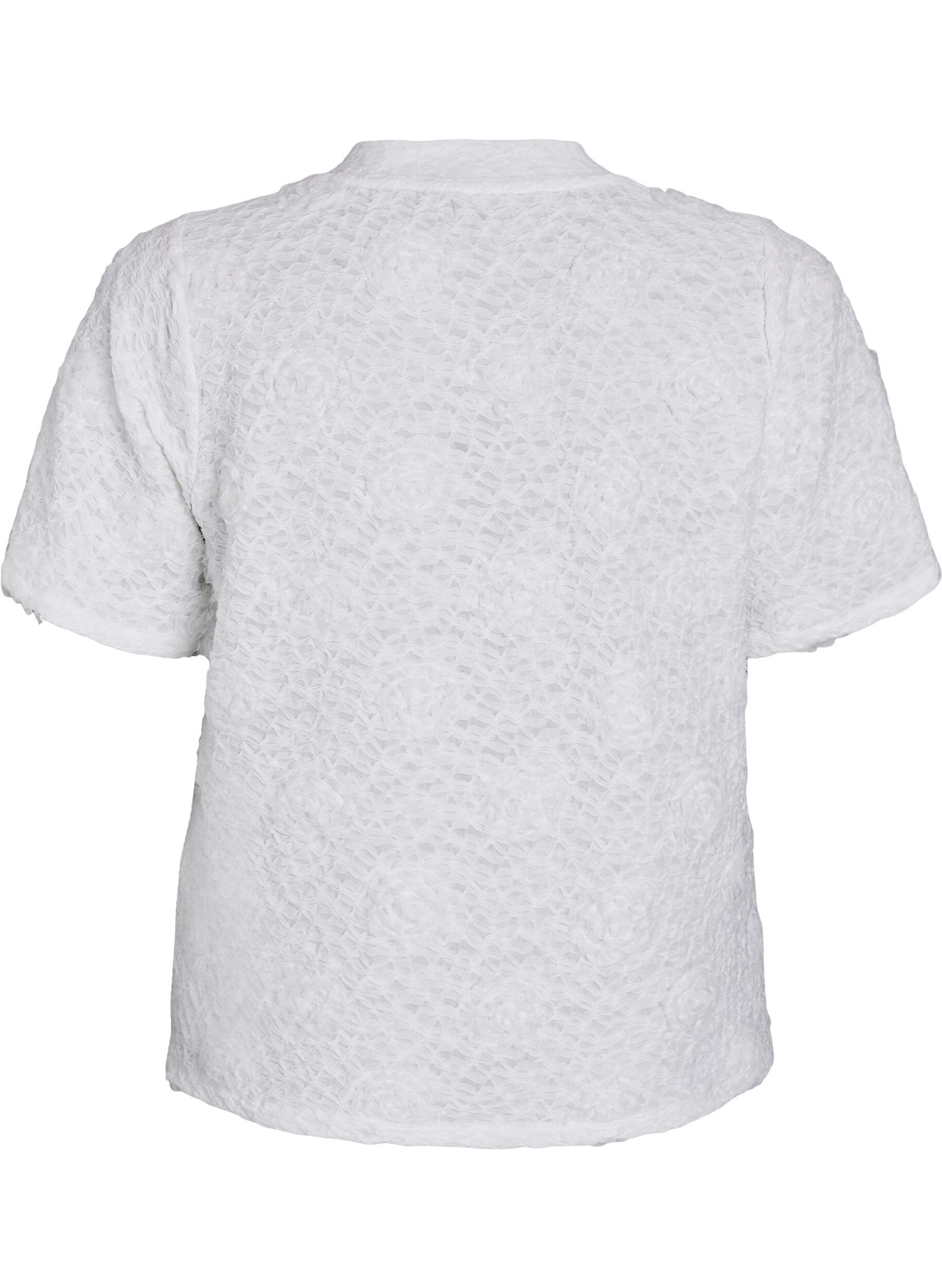 Zizzi Pusero, jossa on 3D-kukkia ja lyhyet hihat, Valkoinen, Packshot image number 1