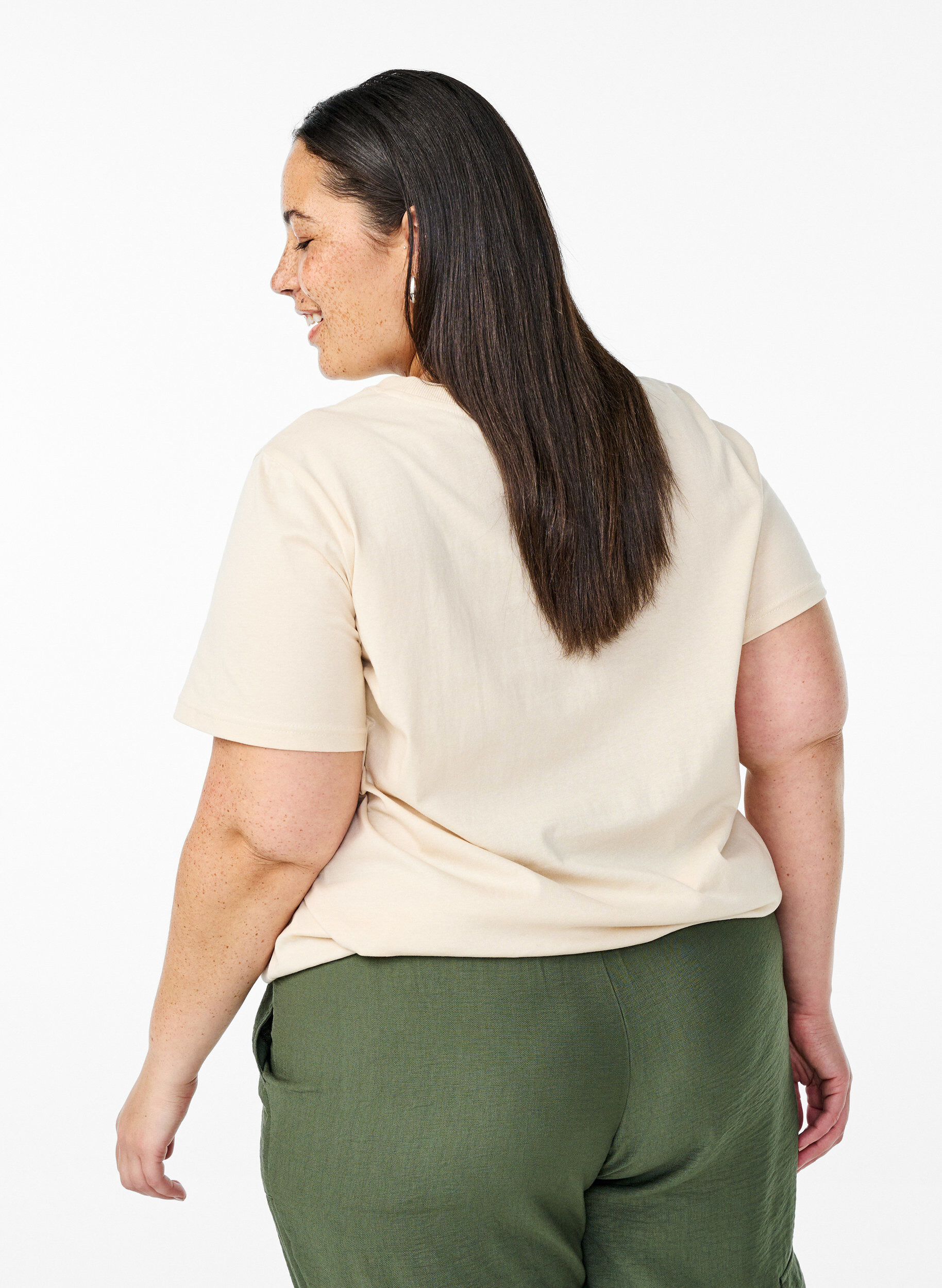 Zizzi Puuvillainen T-paita printill&auml;, Beige, Model image number 2