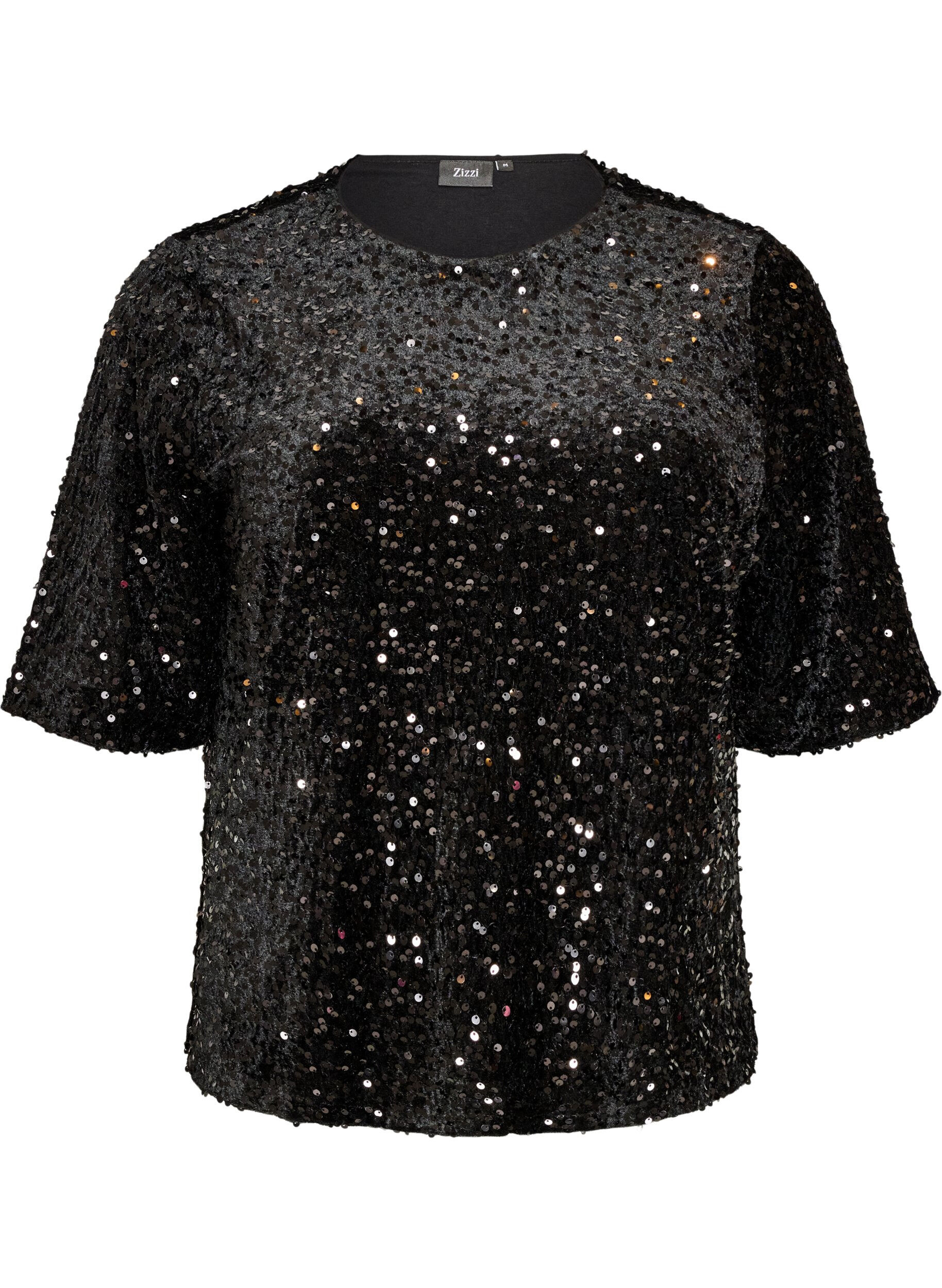 ZizziPaljettipusero kyyn&auml;rp&auml;&auml;h&auml;n ulottuvilla hihoilla, Musta, Packshot image number 0