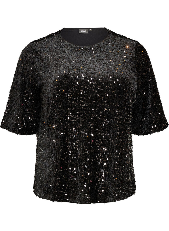 Paljettipusero kyyn&auml;rp&auml;&auml;h&auml;n ulottuvilla hihoilla, Musta, Packshot image number 0