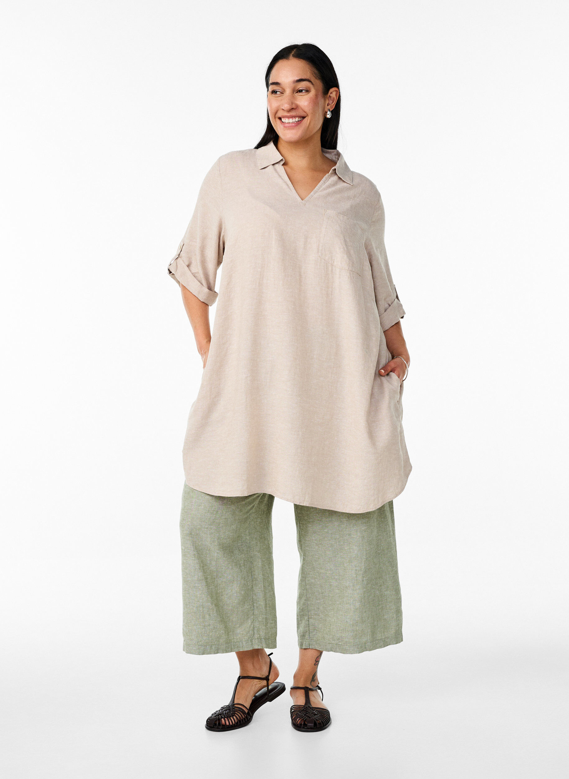 ZizziA-mallinen tunika pellavaa ja viskoosia, Beige, Model image number 1