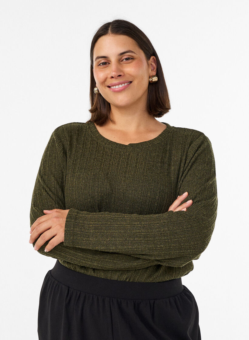 Jerseypusero ribatulla rakenteella ja pitkill&auml; hihoilla, Vihre&auml;, Model image number 0