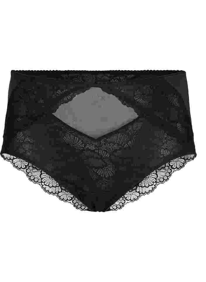 Korkeavyötäröiset alushousut pitsillä ja mesh-kankaalla, Black, Packshot image number 0