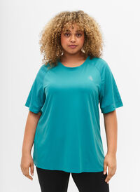Lyhythihainen t-paita treeniin pyöreällä pääntiellä, Green-Blue Slate, Model