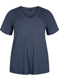 Viskoosista valmistettu ribattu t-paita v-pääntiellä, Umbre Blue 