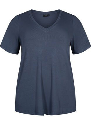 Viskoosista valmistettu ribattu t-paita v-pääntiellä, Umbre Blue , Packshot image number 0