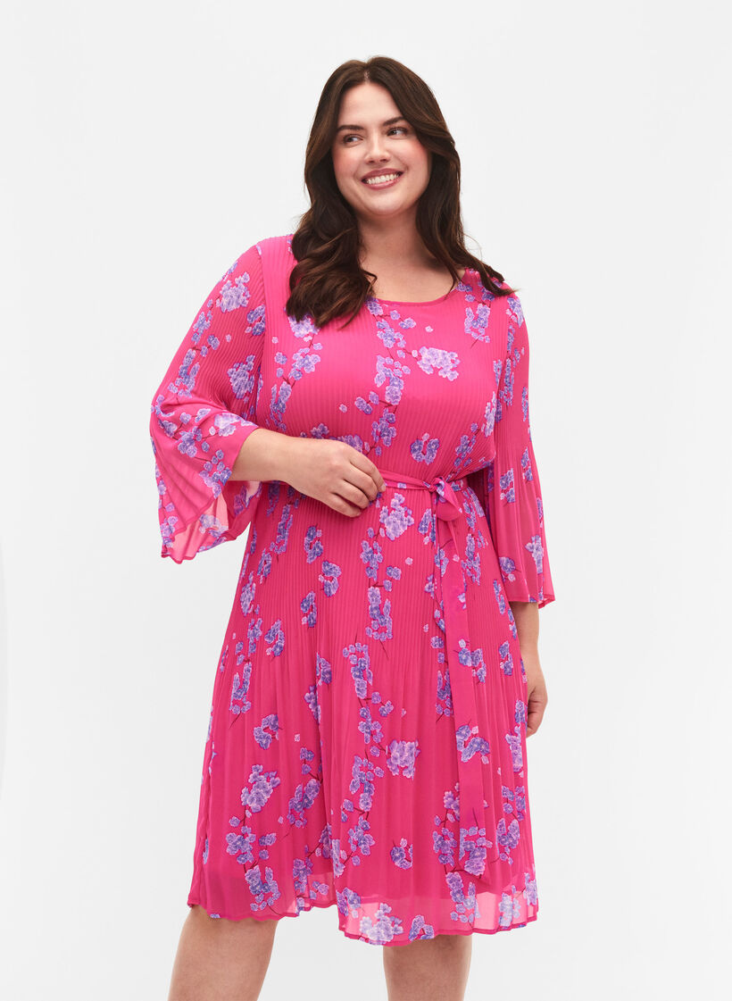 Pliseerattu mekko nauhalla, Beetroot Purple AOP, Model image number 0