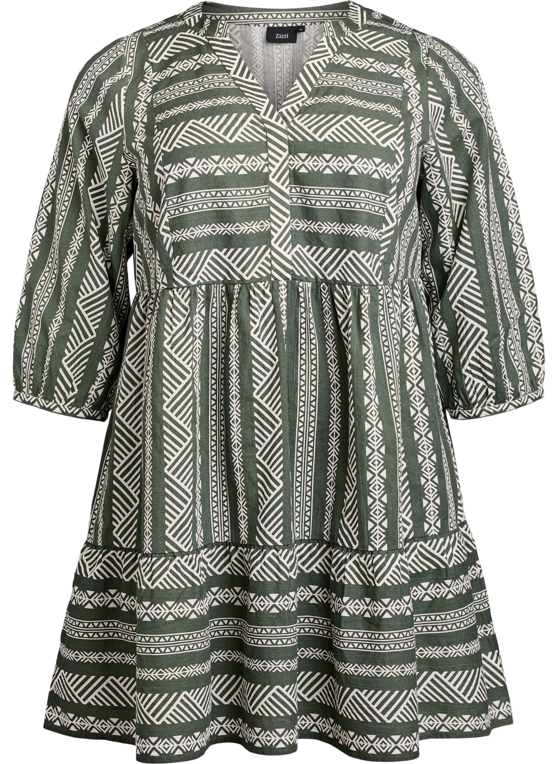 Zizzi Lyhyt mekko graafisella printill&auml; ja 3/4-hihoilla, Vihre&auml;, Packshot image number 0
