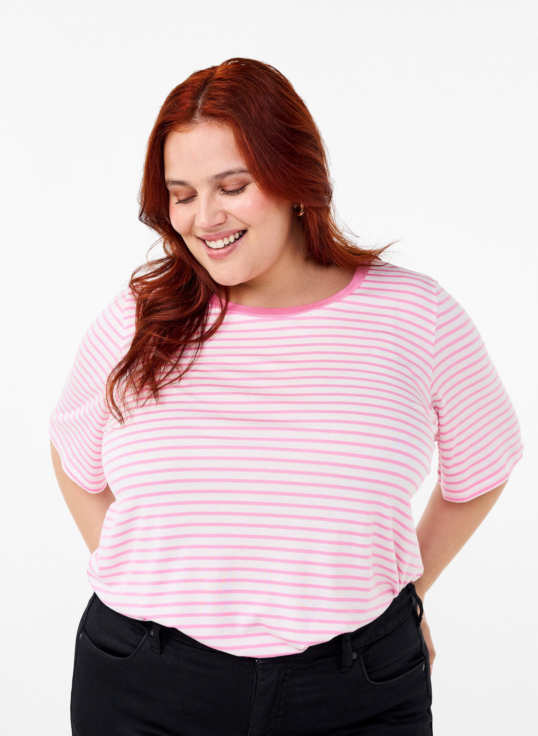 Zizzi Raidallinen t-paita lyocellia, jossa on py&ouml;re&auml; p&auml;&auml;ntie, Punainen, Model image number 0