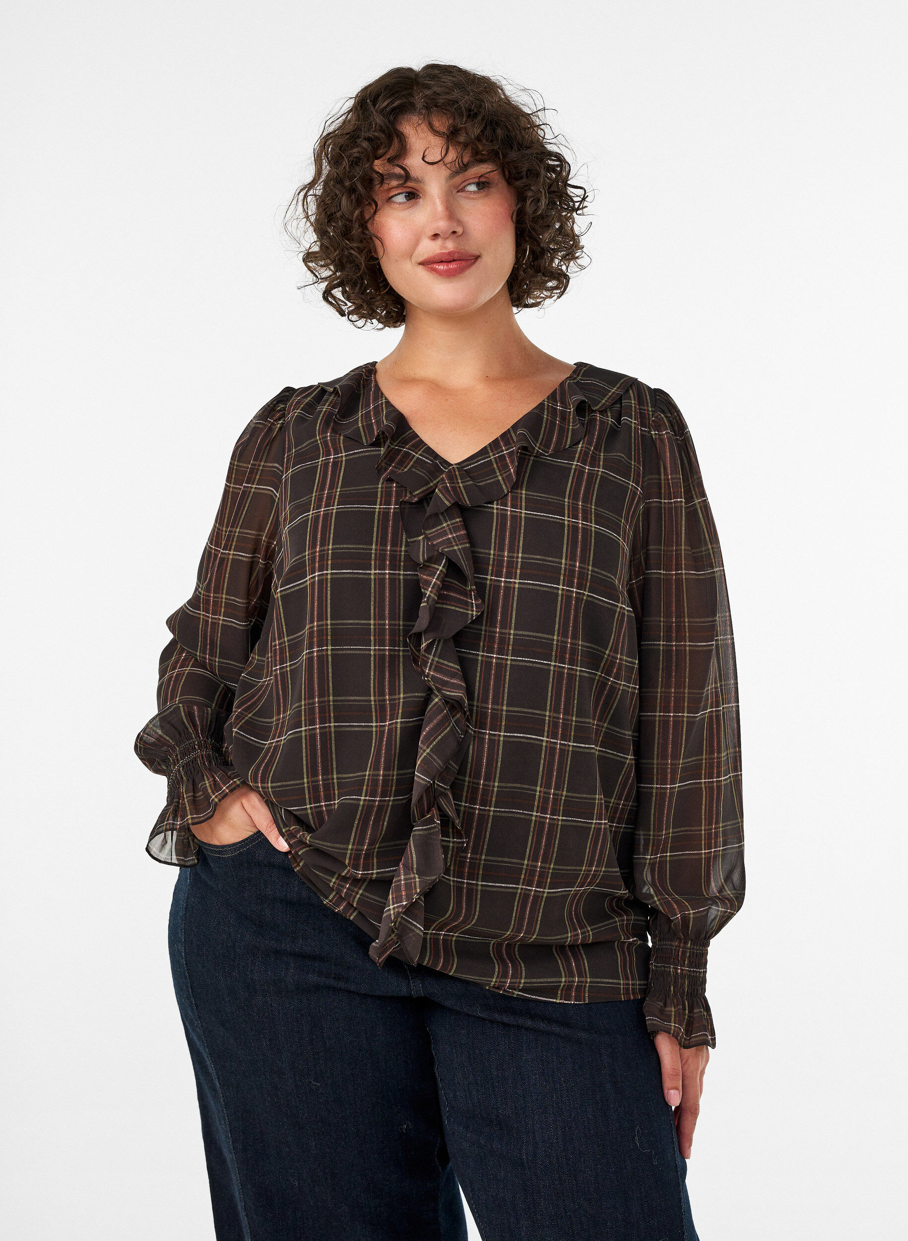 ZizziRuudullinen pusero r&ouml;yhel&ouml;yksityiskohdilla, Vihre&auml;, Model image number 0