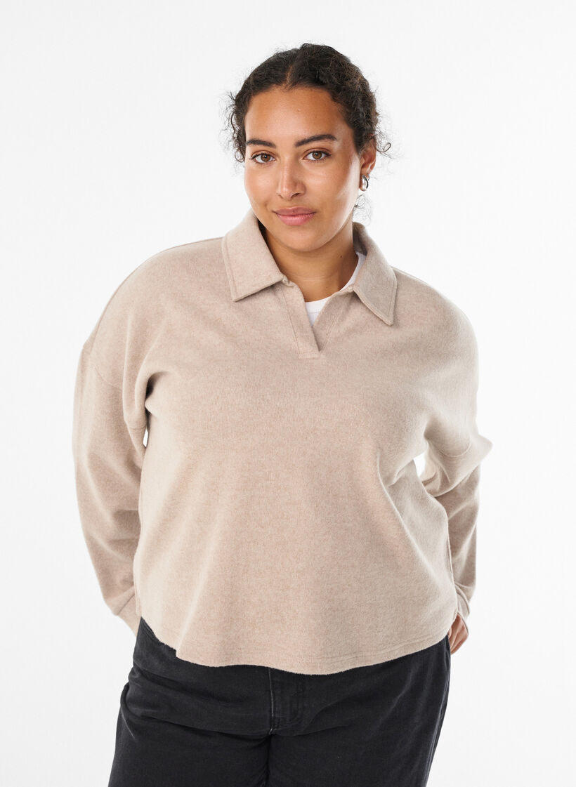 Jersey-pusero kauluksella ja V-pääntiellä, Beige, Model image number 0