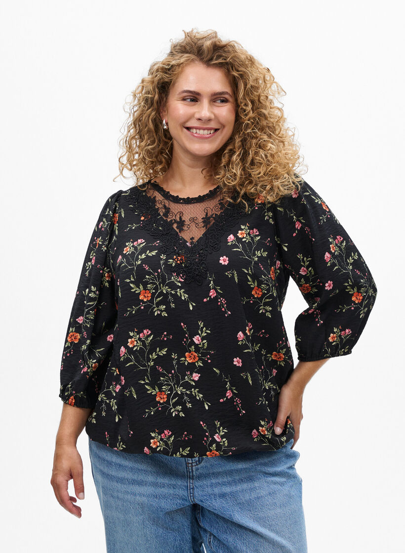 3/4-hihaiset pusero pitsiyksityiskohdilla, Musta, Model image number 0