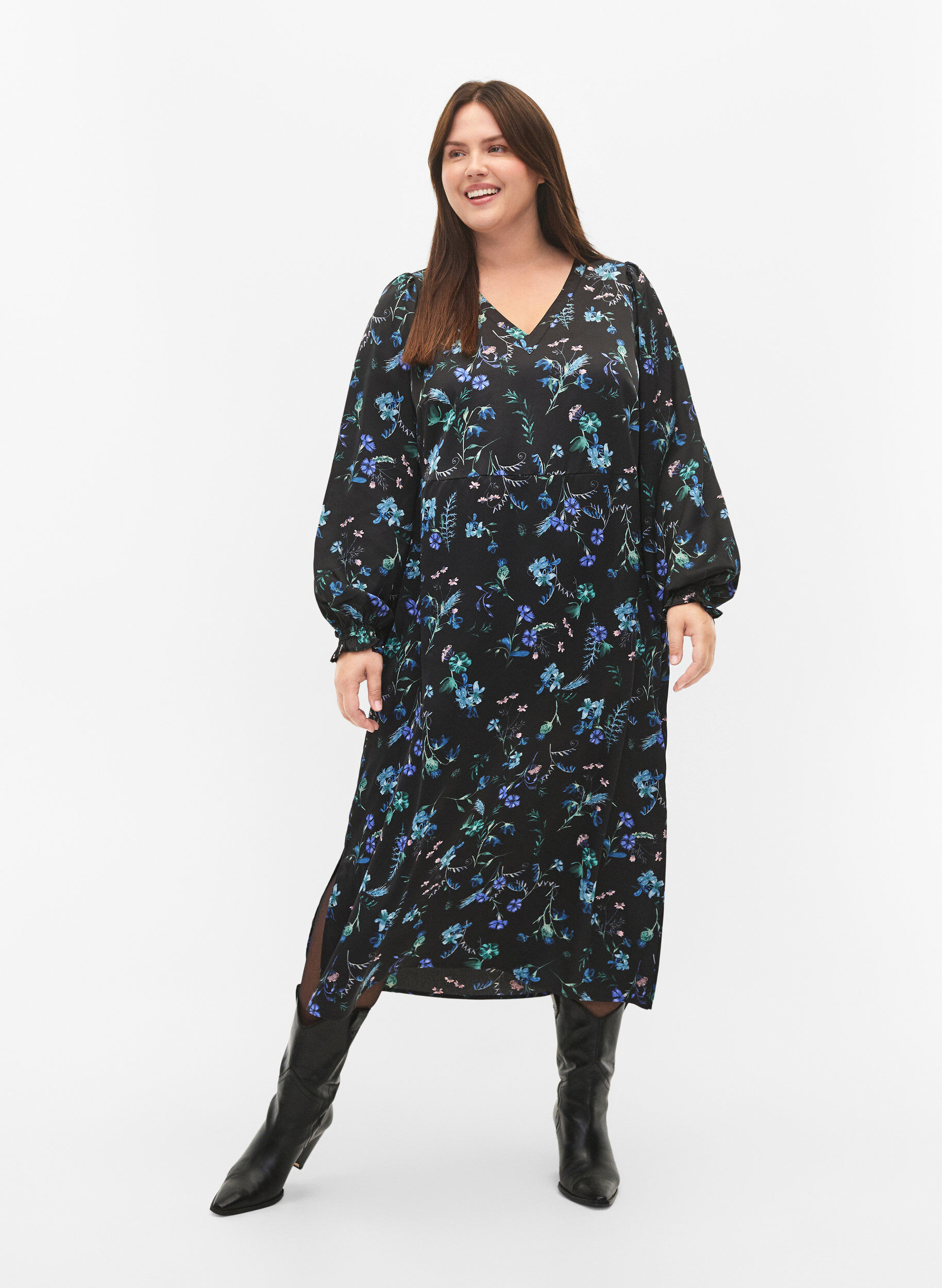 ZizziPitk&auml;hihainen midi-mekko kukkakuvioinnilla, Blue Flower AOP, Model image number 0