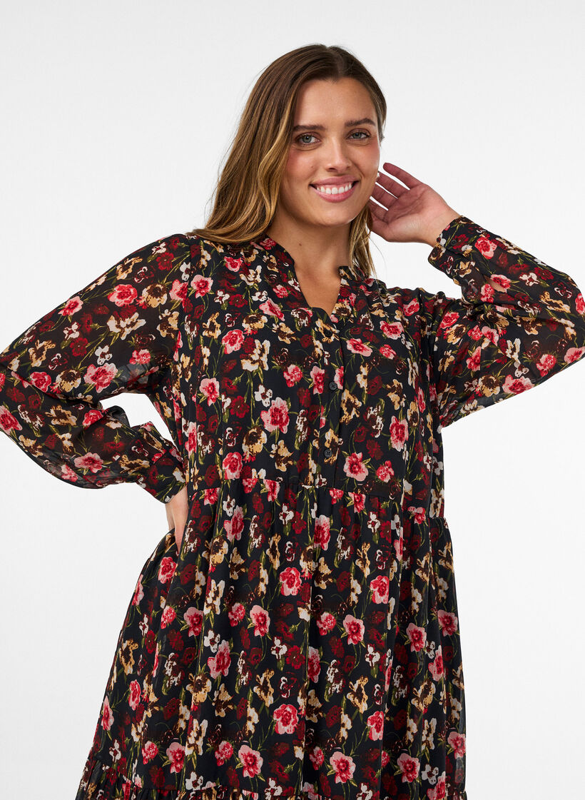 Mekko kokoprintill&auml; ja r&ouml;yhel&ouml;kerroksella, Musta, Model image number 2