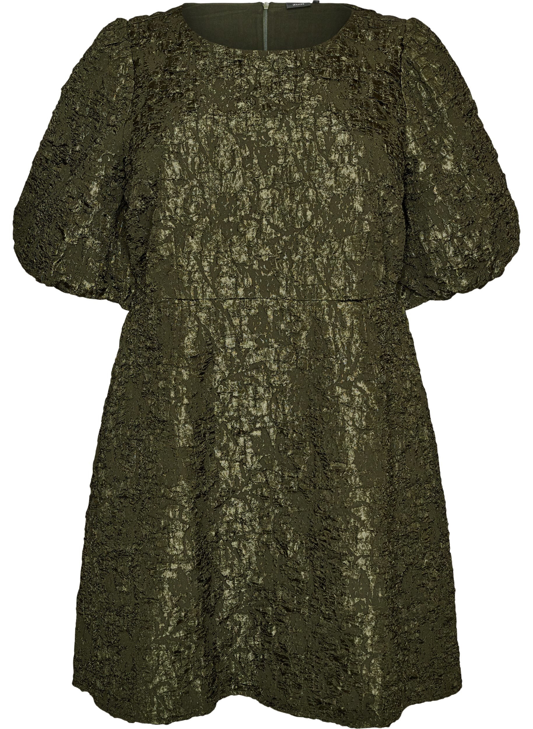 Jacquard-mekko puhvihihoilla ja A-linjaisella helmalla