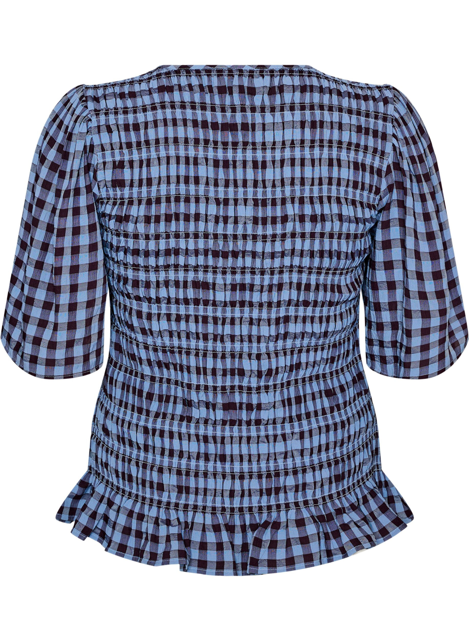 ZizziSmokkiblouse gingham -ruudullisella kuosilla ja r&ouml;yhel&ouml;helmalla, Sininen, Packshot image number 1