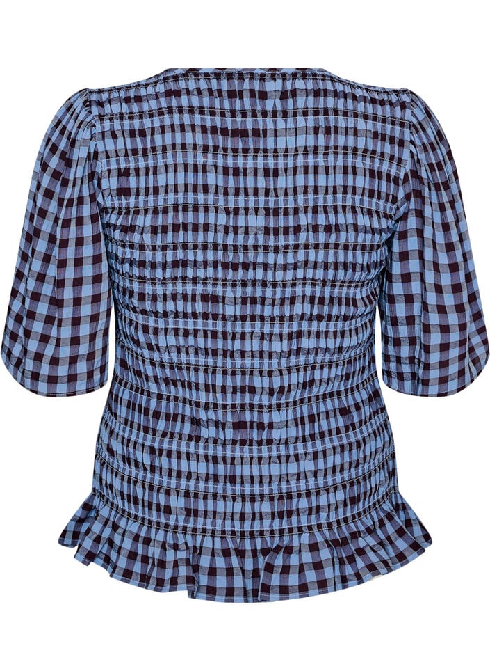 Smokkiblouse gingham -ruudullisella kuosilla ja r&ouml;yhel&ouml;helmalla, Sininen, Packshot image number 1