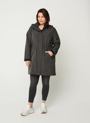 Pitkä hupullinen softshell-takki, Dark Grey Melange, Model image number 2