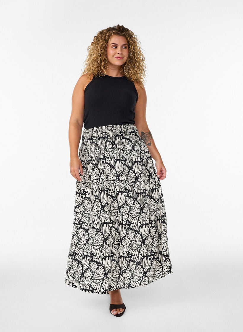 Viskoosista valmistettu rypytetty maksihame, Musta, Model image number 0