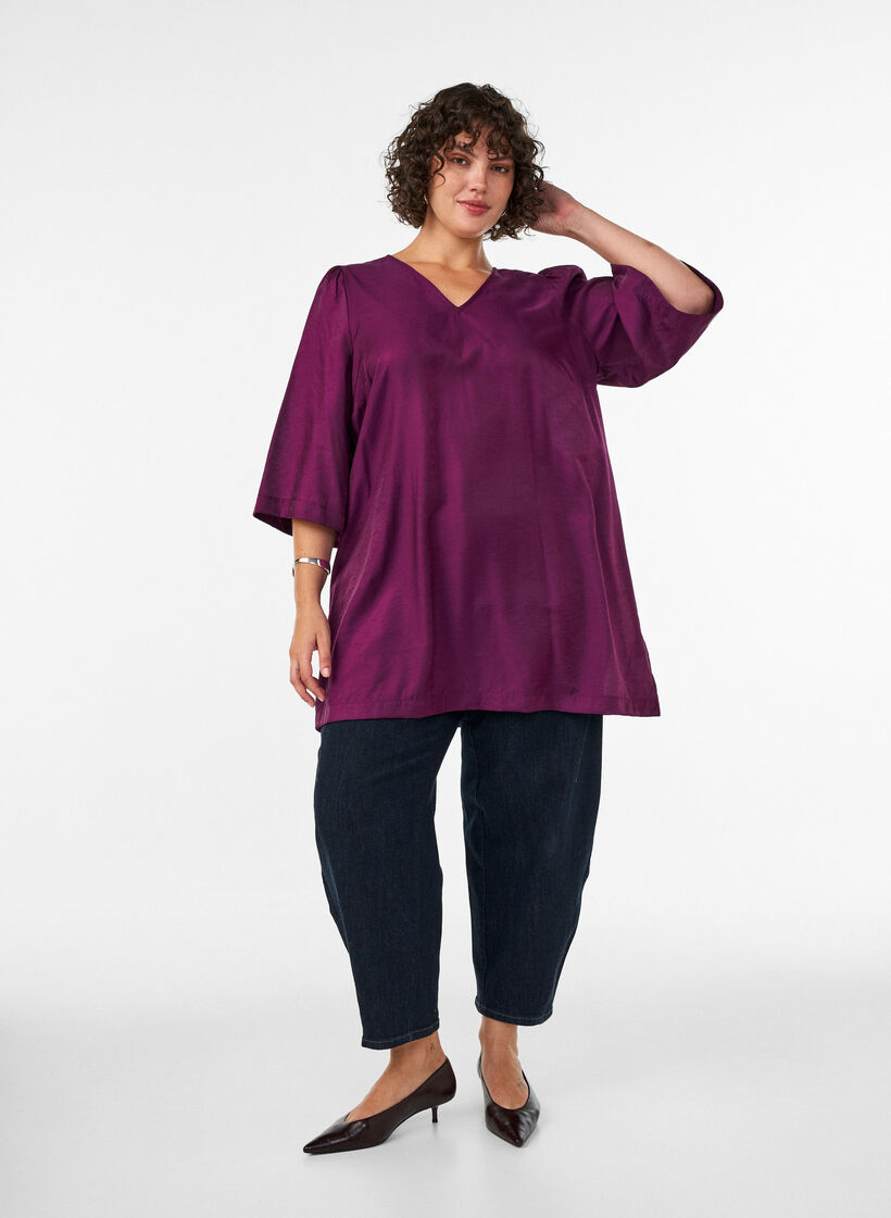Kiilt&auml;v&auml; tunika V-p&auml;&auml;ntiell&auml; ja 3/4-hihoilla, Violetti, Model image number 1