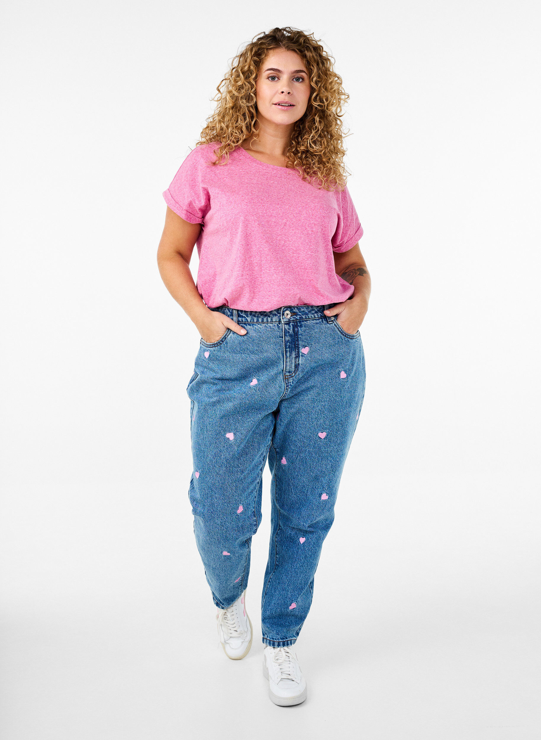 Zizzi Meleerattu T-paita lyhyill&auml; hihoilla, Vaaleanpunainen, Model image number 1