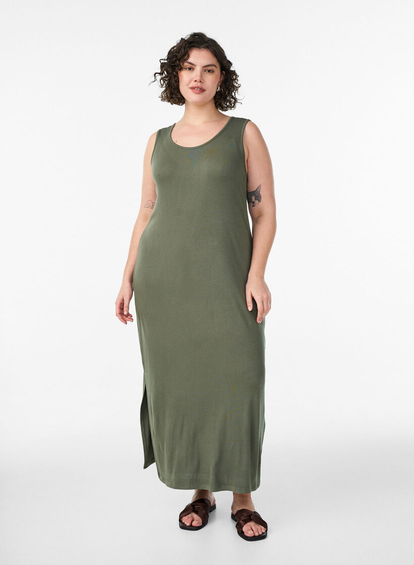 Hihaton ribattu mekko viskoosista, Vihre&auml;, Model image number 0