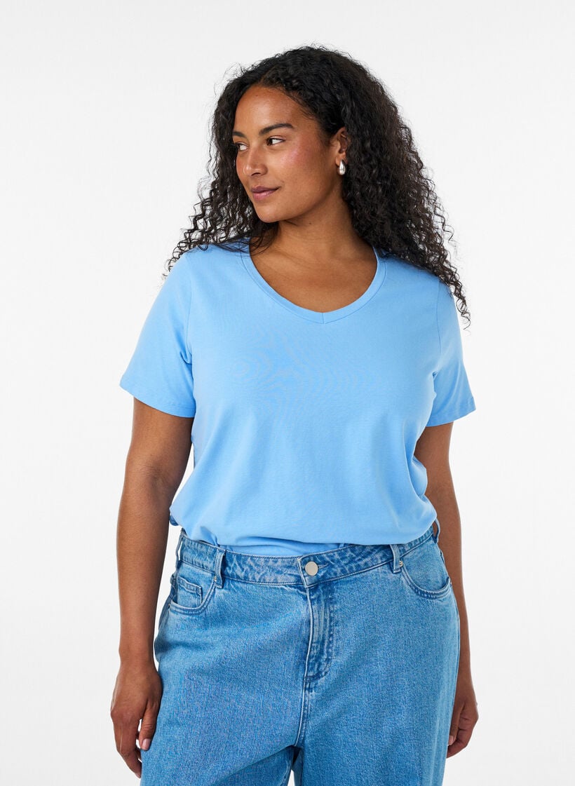 Yksiv&auml;rinen perus t-paita puuvillasta, Sininen, Model image number 0