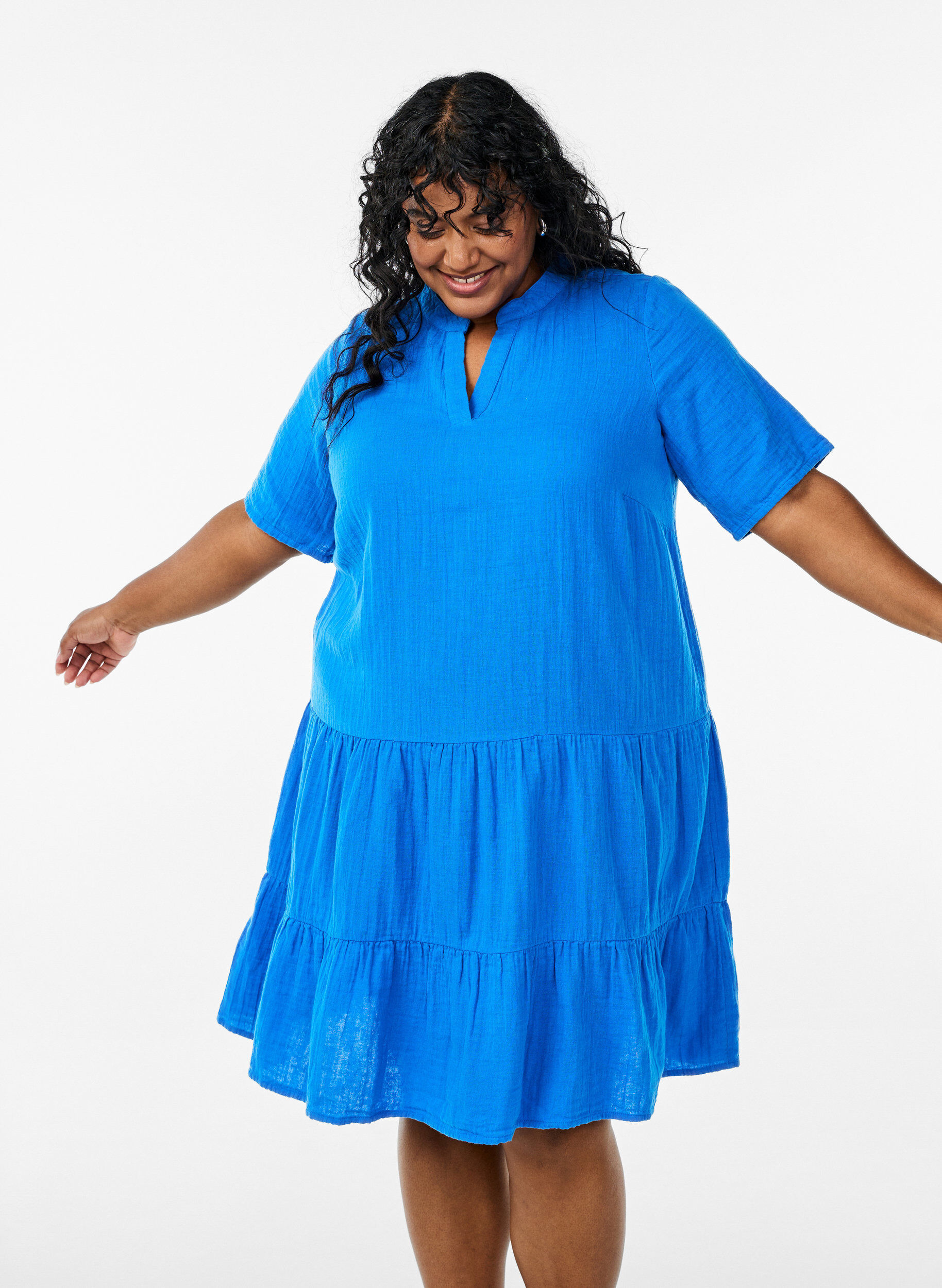 ZizziLyhyt A-linjainen mekko puuvillamusliinista, Sininen, Model image number 3