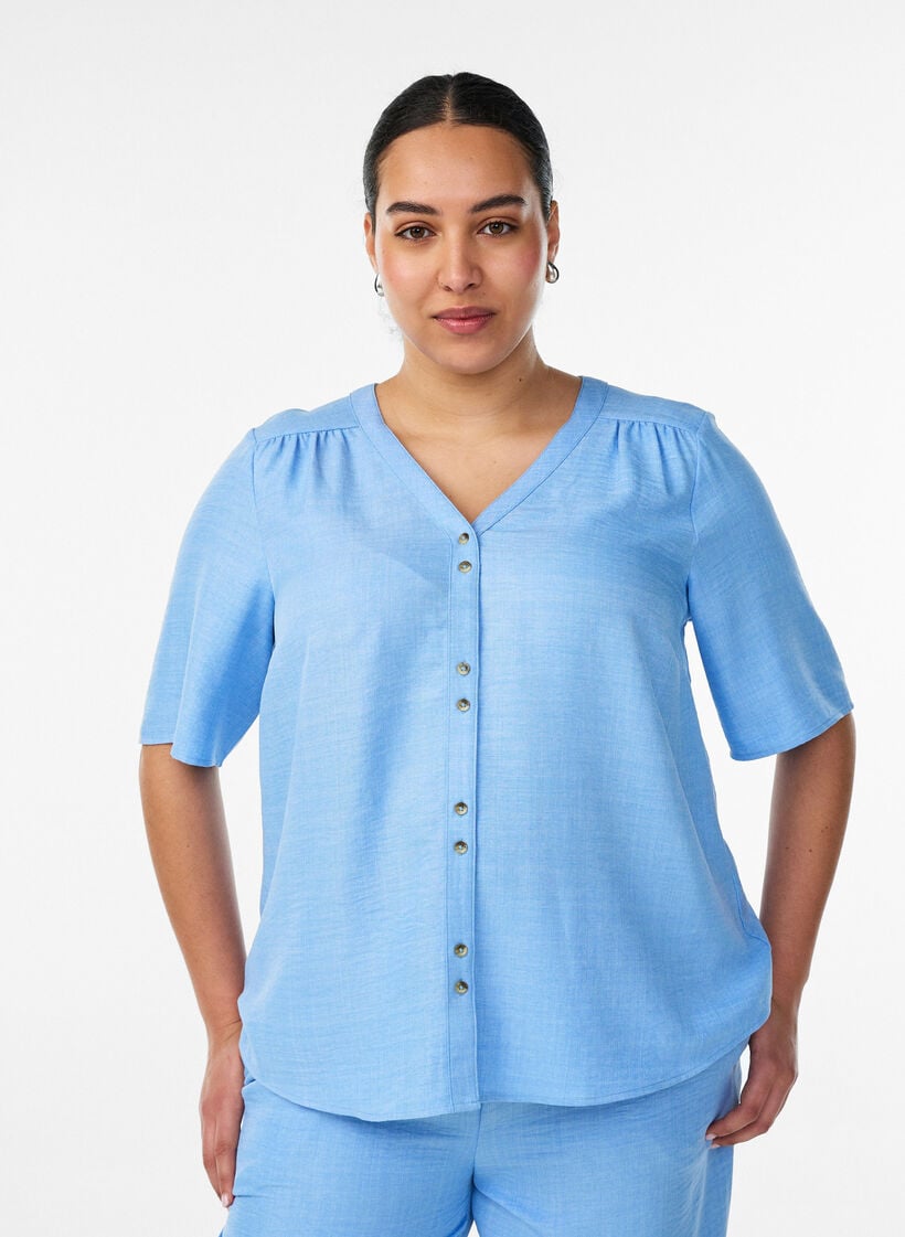 Lyhythihainen paitapusero v-p&auml;&auml;ntiell&auml;, Sininen, Model image number 0