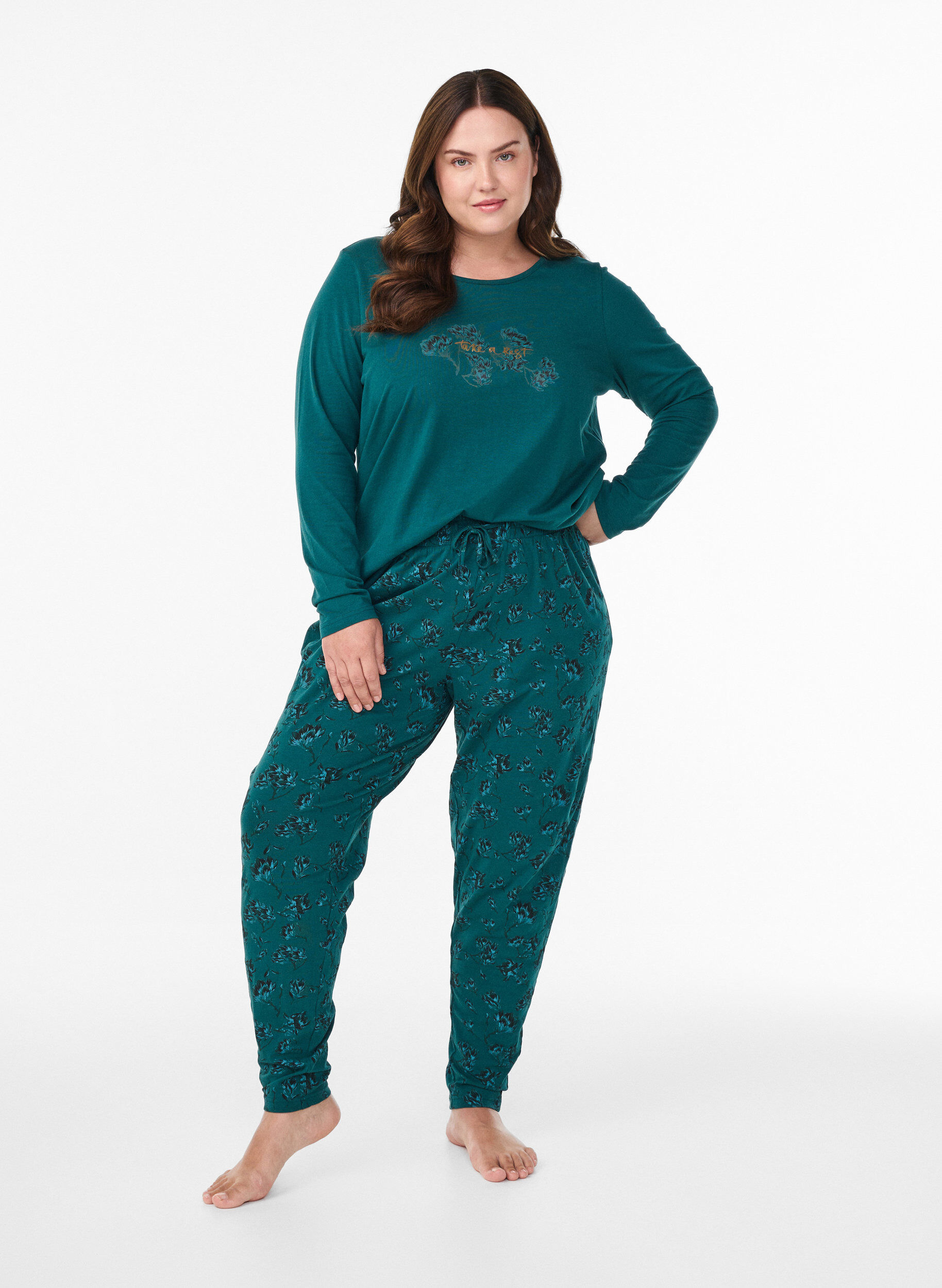 Zizzi Puuvillainen y&ouml;paita etupainatuksella, Turkoosi, Model image number 1