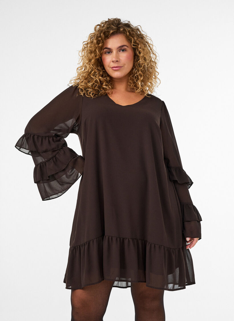 Lyhyt mekko l&auml;pikuultavilla r&ouml;yhel&ouml;hihoilla, Ruskea, Model image number 0
