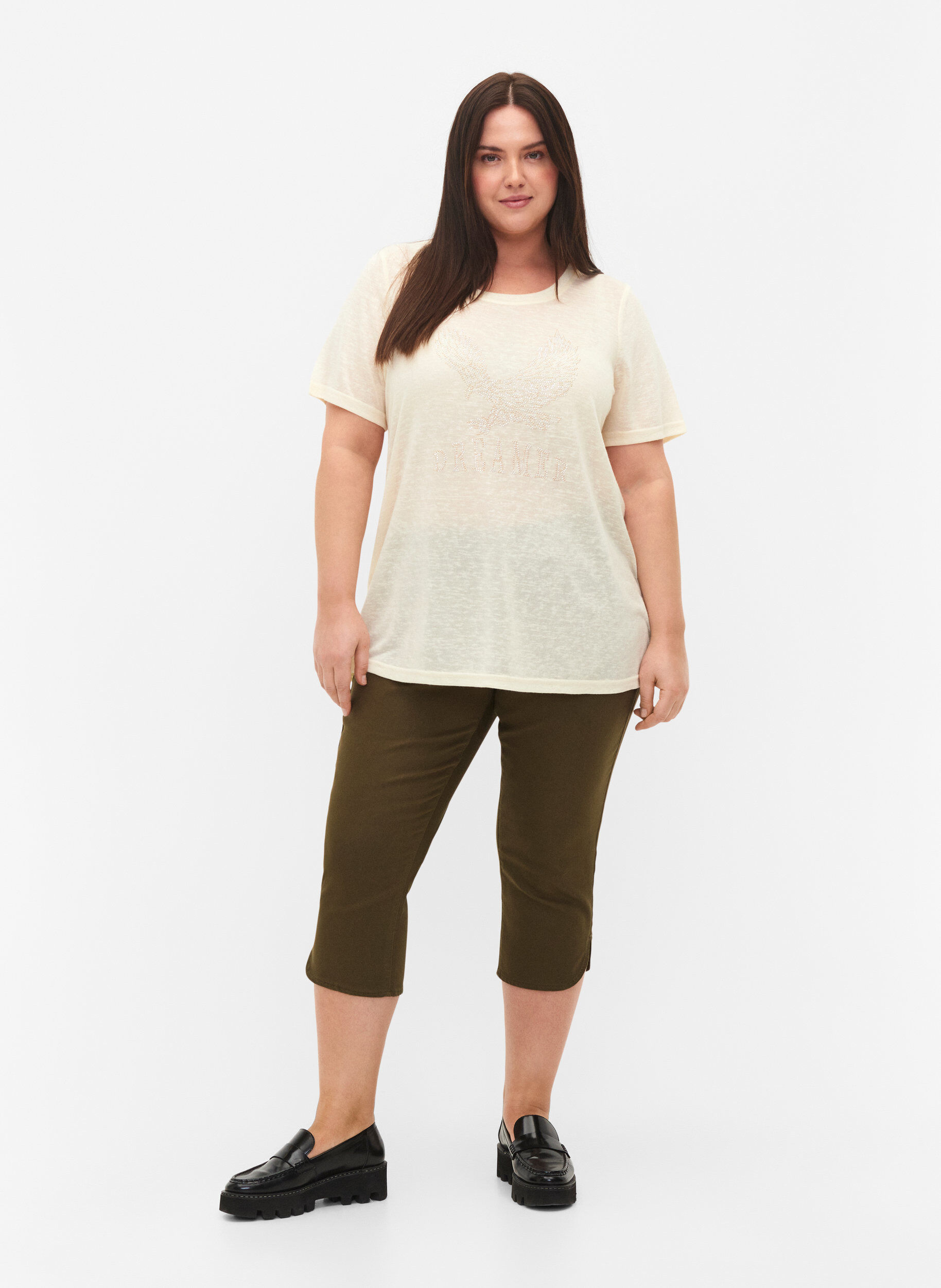 Zizzi Tyk&ouml;istuvat caprit puuvillasekoitteesta, Ivy Green, Model image number 0