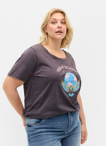 Lyhythihainen puuvillainen t-paita painatuksella, Dark Grey Wash, Model image number 0