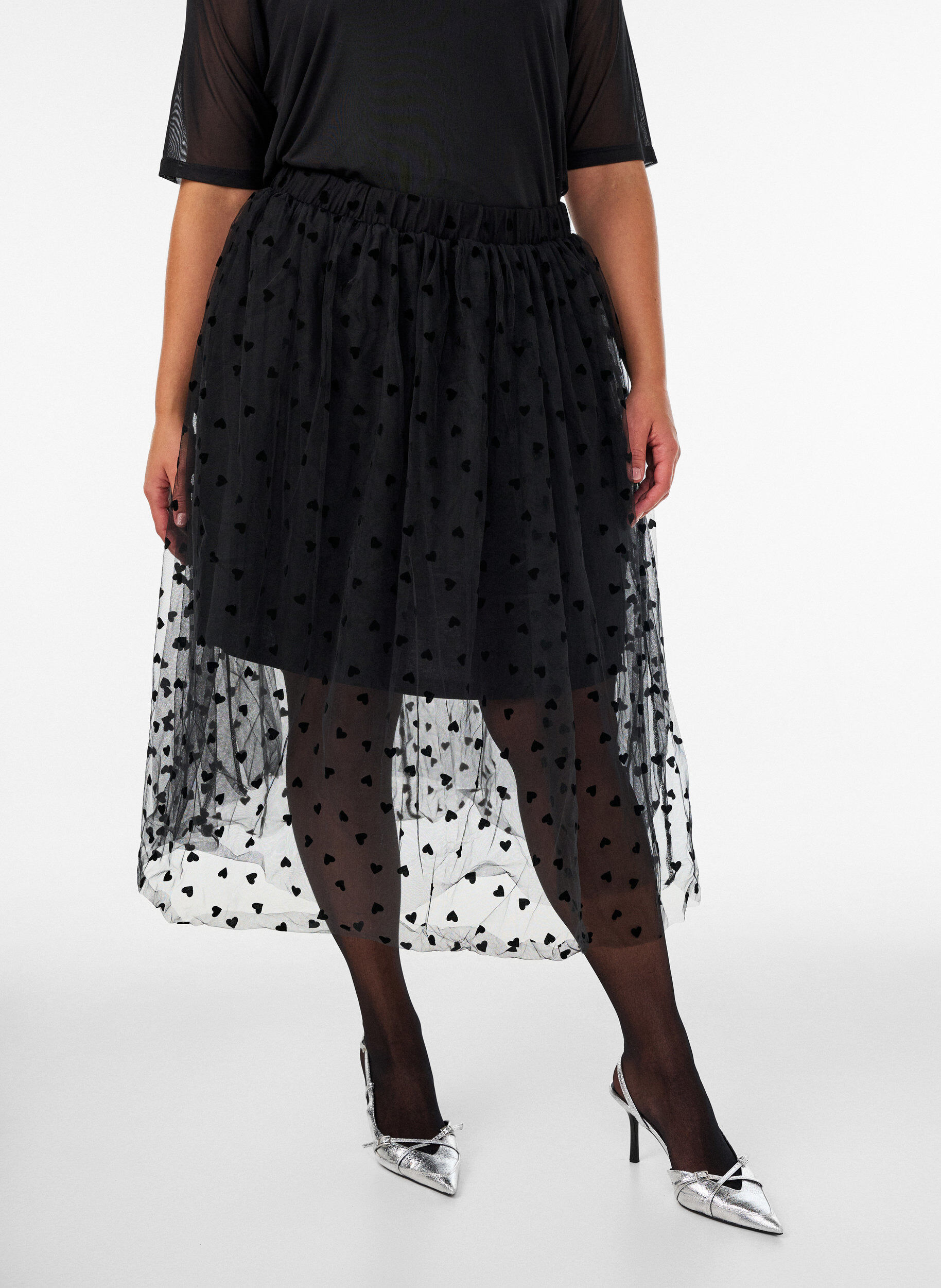 ZizziSyd&auml;nkuvioinen midimittainen tyllihame, Musta, Model image number 0