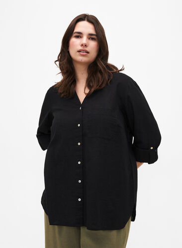 Puuvilla-pellavasekoitteinen paitapusero, jossa on napitus, Black, Model image number 0