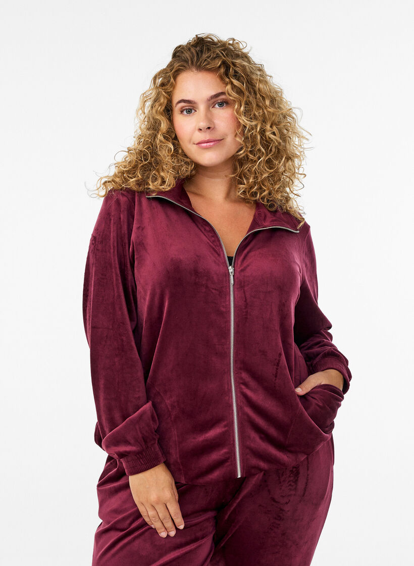 Velour-neuletakki vetoketjulla ja korkealla kauluksella, Tumma Bordeaux, Model image number 0