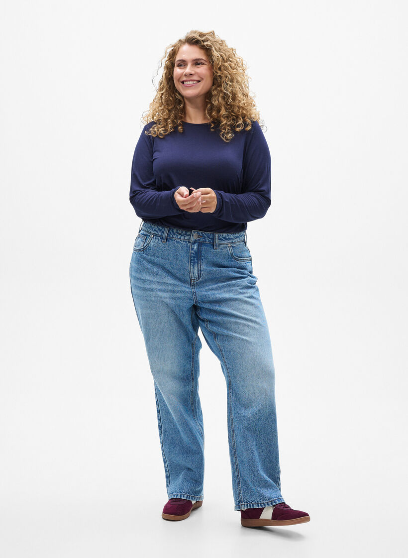 Yksivärinen pusero pitkillä hihoilla, Sininen, Model image number 1