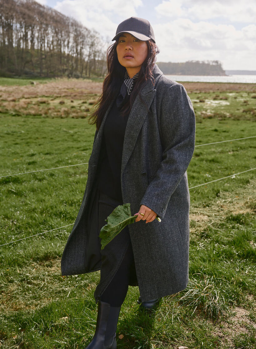 Pitkä villatakki, jossa on kalanruotokuvio, Dark Grey Melange, Image image number 0