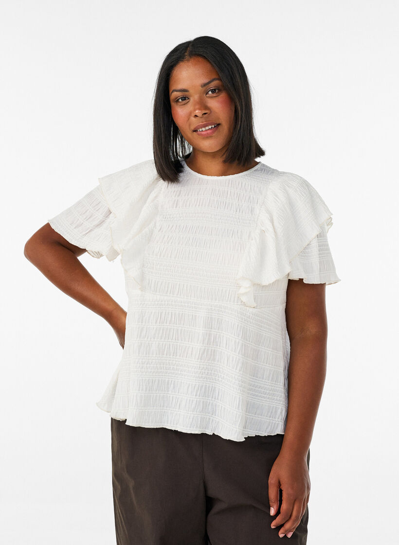 Pusero smock-tekstuurilla ja r&ouml;yhel&ouml;hihoilla, Vanilja, Model image number 0