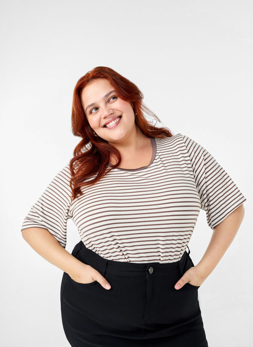 Raidallinen t-paita lyocellia, jossa on pyöreä pääntie, Ruskea, Image image number 0