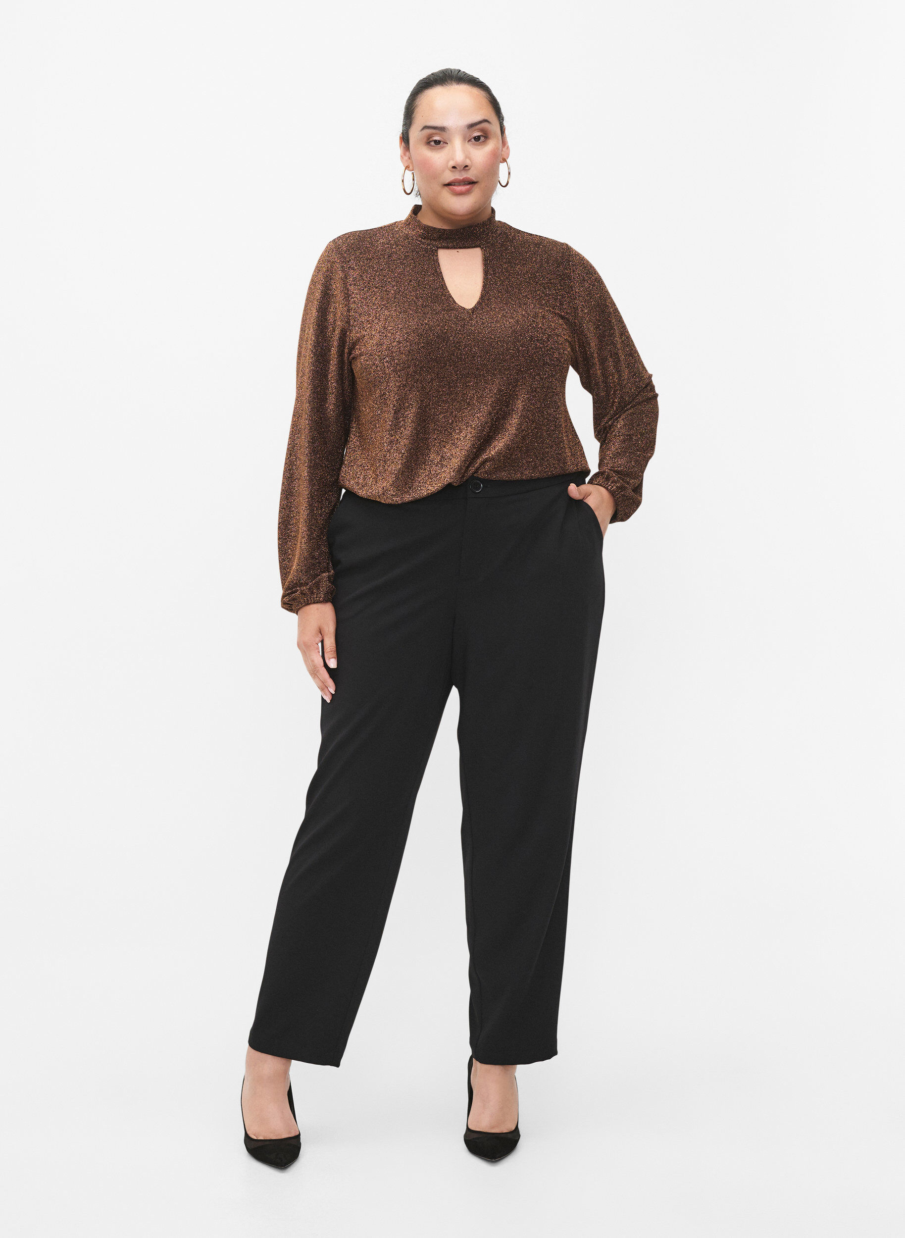 ZizziPitk&auml;hihainen glitteripusero, jossa py&ouml;re&auml; kaula-aukko ja V-yksityiskohta, Black Copper, Model image number 2